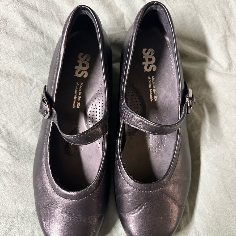 SAS Black Leather Mary Jane Shoes with Buckle Strap
